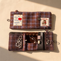 Vintage Plaid Travel Jewelry Roll Organizer | Hanging Tri-Fold Pouch with Carabiner
