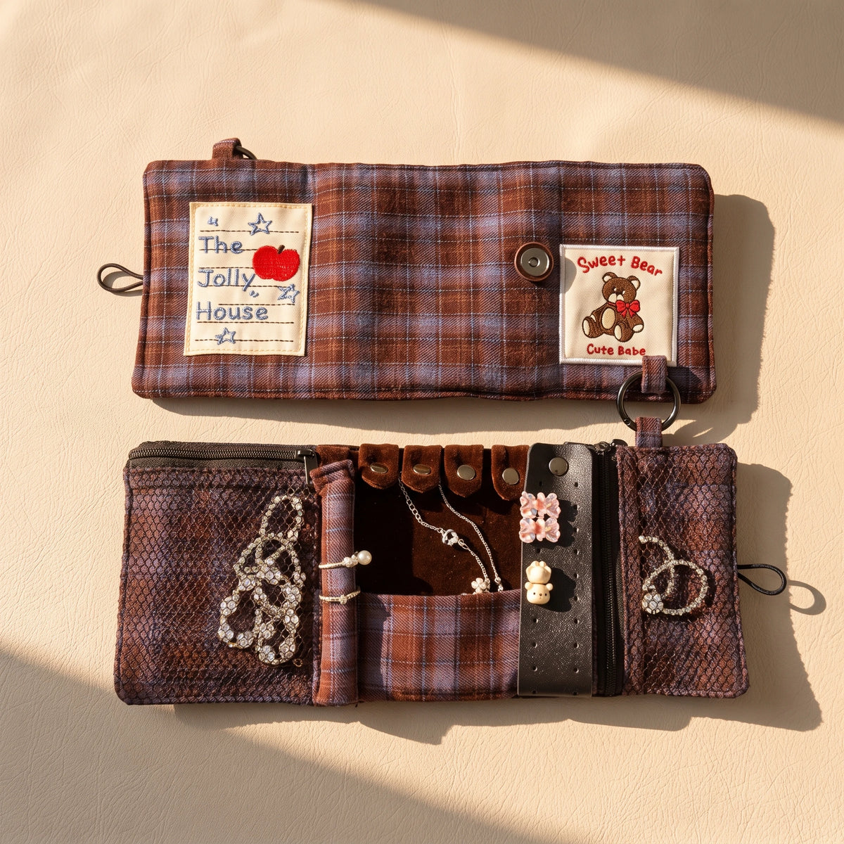 Vintage Plaid Travel Jewelry Roll Organizer | Hanging Tri-Fold Pouch with Carabiner