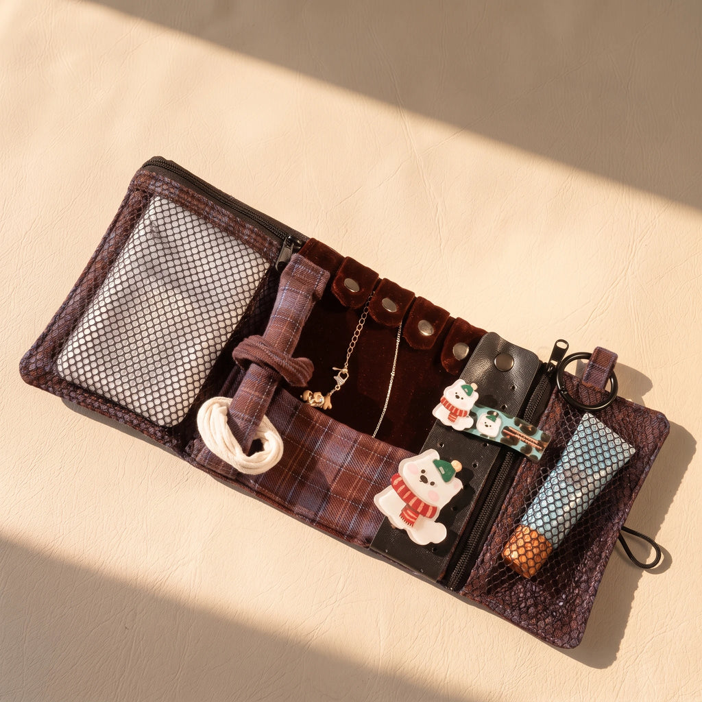 Vintage Plaid Travel Jewelry Roll Organizer | Hanging Tri-Fold Pouch with Carabiner