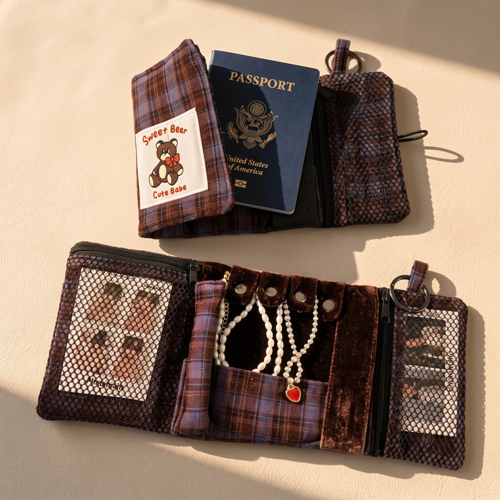Vintage Plaid Travel Jewelry Roll Organizer | Hanging Tri-Fold Pouch with Carabiner