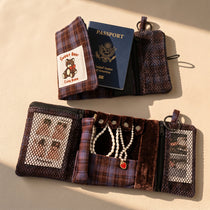 Vintage Plaid Travel Jewelry Roll Organizer | Hanging Tri-Fold Pouch with Carabiner