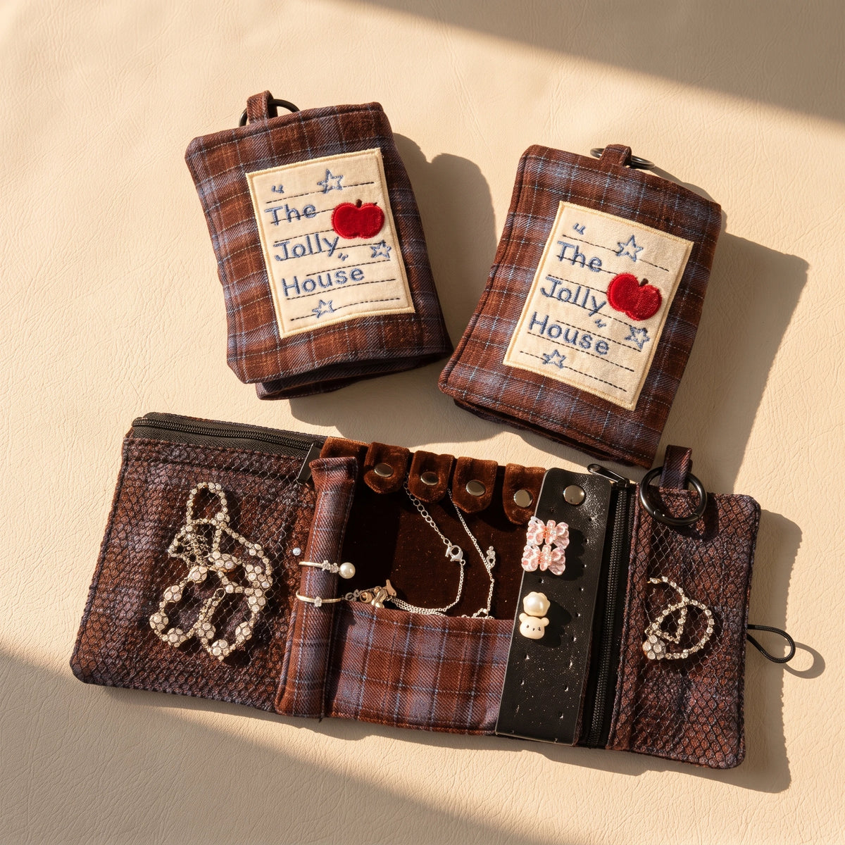 Vintage Plaid Travel Jewelry Roll Organizer | Hanging Tri-Fold Pouch with Carabiner
