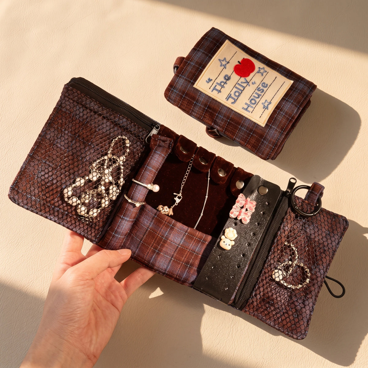 Vintage Plaid Travel Jewelry Roll Organizer | Hanging Tri-Fold Pouch with Carabiner