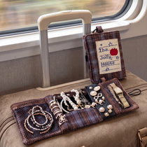 Vintage Plaid Travel Jewelry Roll Organizer | Hanging Tri-Fold Pouch with Carabiner