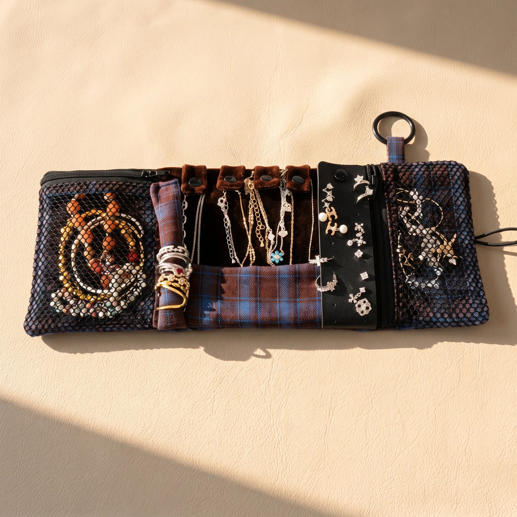 Vintage Plaid Travel Jewelry Roll Organizer | Hanging Tri-Fold Pouch with Carabiner