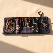 Vintage Plaid Travel Jewelry Roll Organizer | Hanging Tri-Fold Pouch with Carabiner