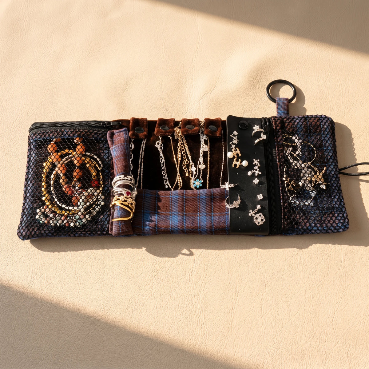 Vintage Plaid Travel Jewelry Roll Organizer | Hanging Tri-Fold Pouch with Carabiner