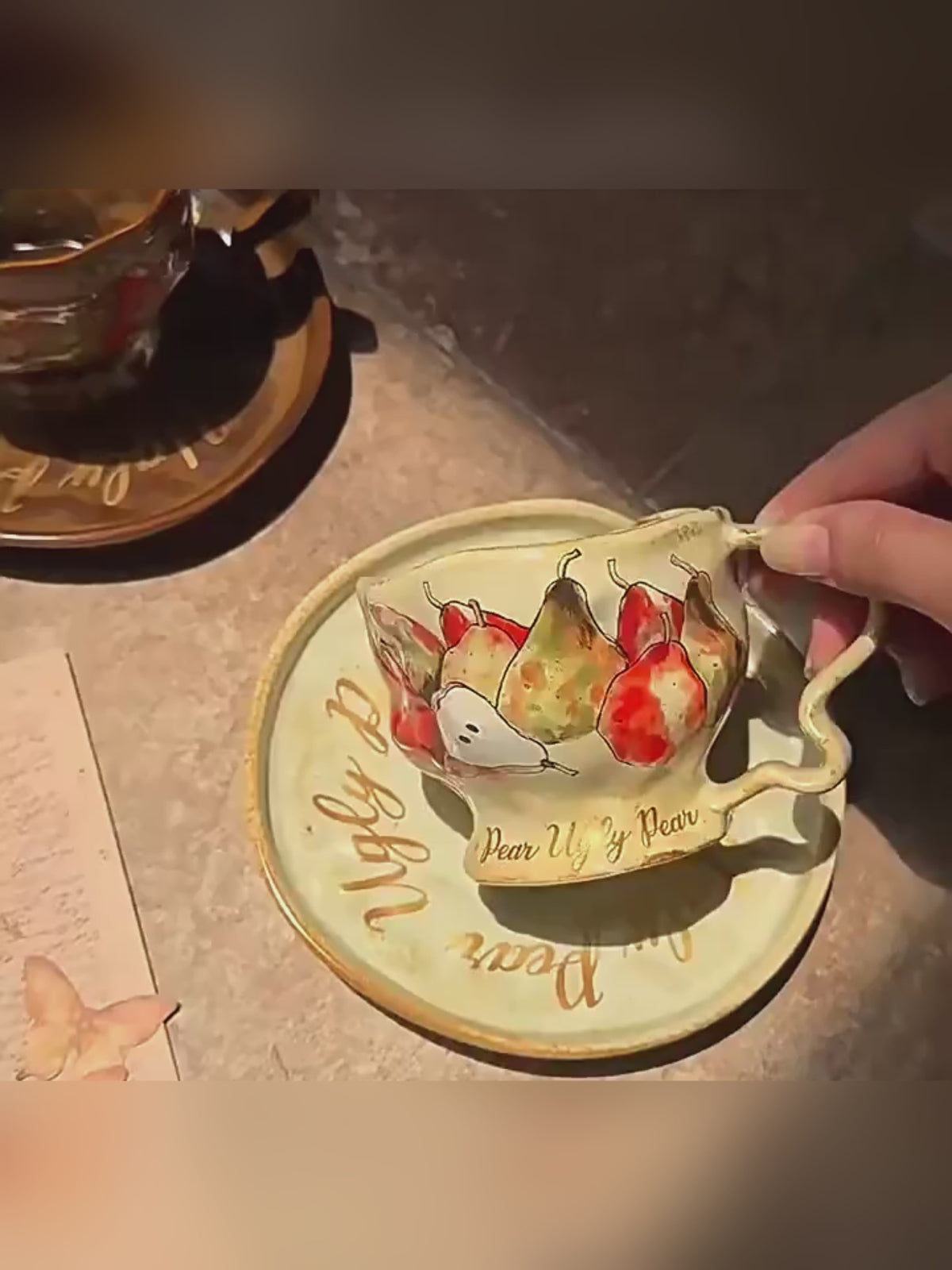 Handcrafted Wild Pear Ceramic Cup & Saucer Set with Twig Handle | 8oz