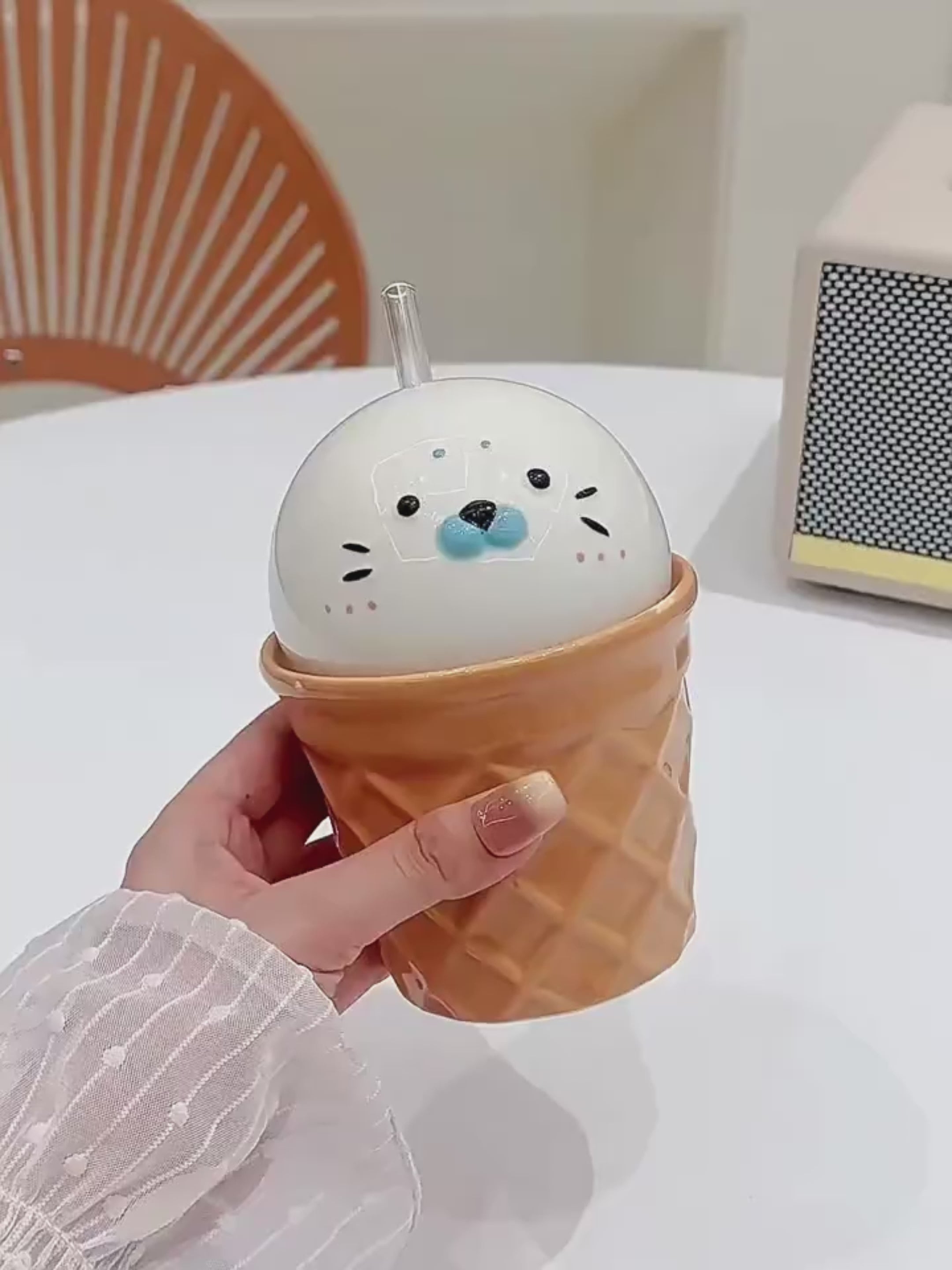 Handmade 3D Seal Ceramic Straw Mug & Waffle Cone Iced Coffee Cup