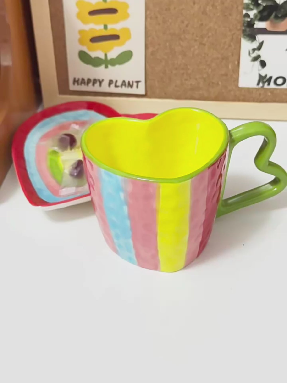 Handmade Ceramic Heart Cup and Saucer Set | Hand-Painted Rainbow Mug (10 oz)