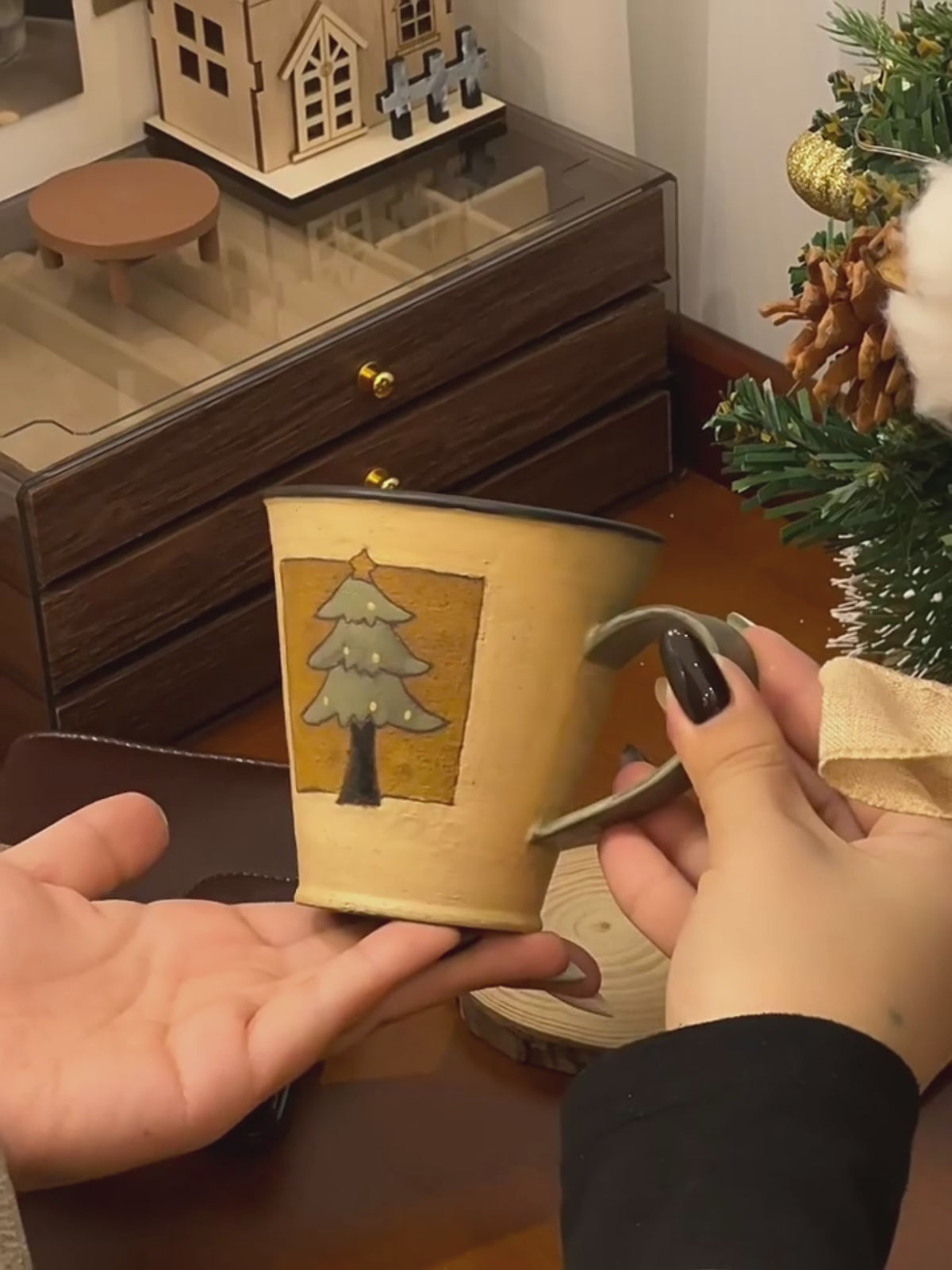 Handmade Stoneware Christmas Tree Mug | Hand-Painted Winter Cabin Latte Cup (8.5 oz)