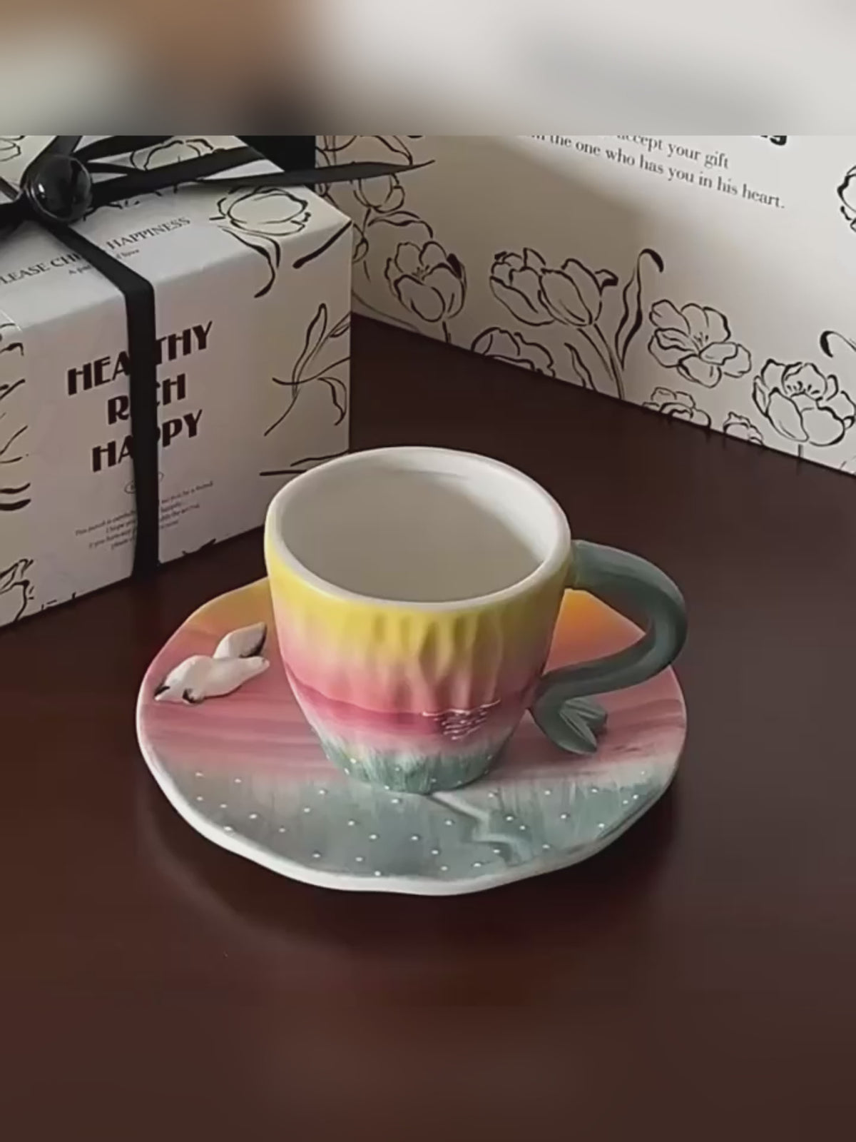 Handmade Sunset Ceramic Cup & Saucer Set with 3D Seagull | 8oz