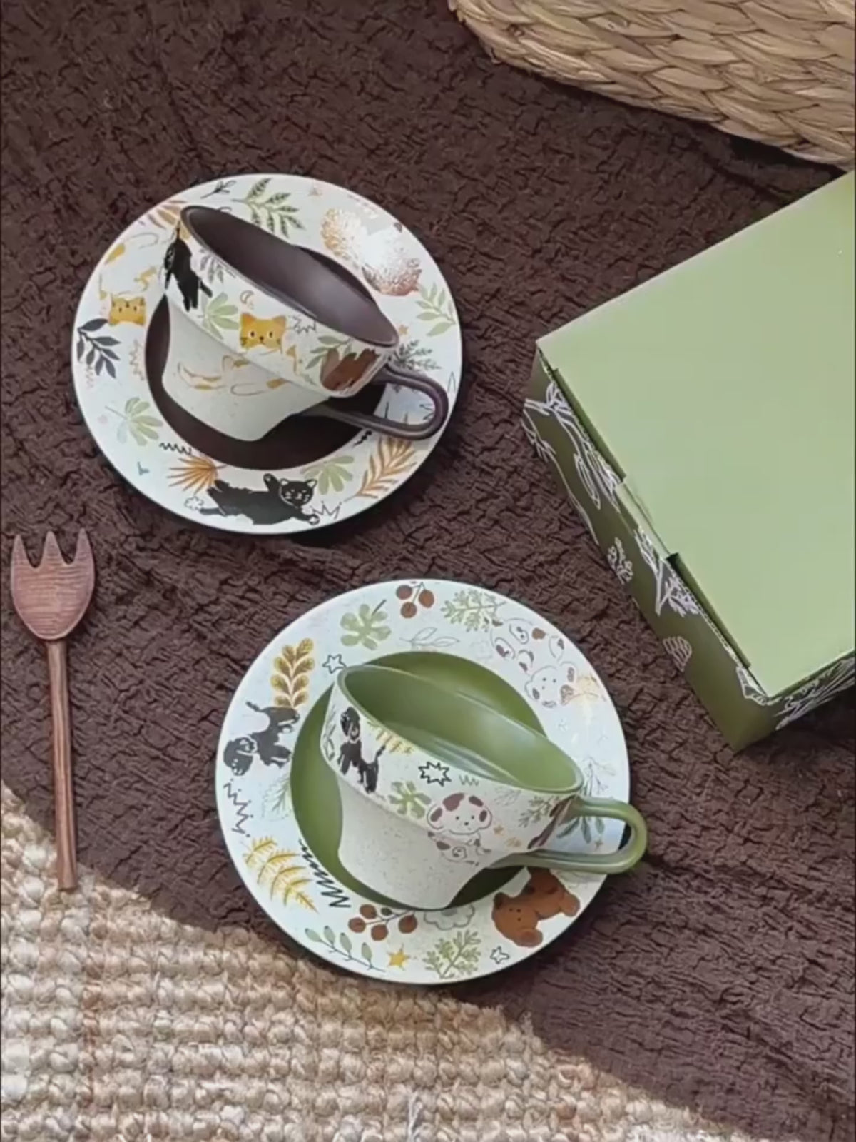 Handcrafted Ceramic Latte Cup & Saucer Set | Hand-Painted Cat & Dog Teacup (8.5oz)