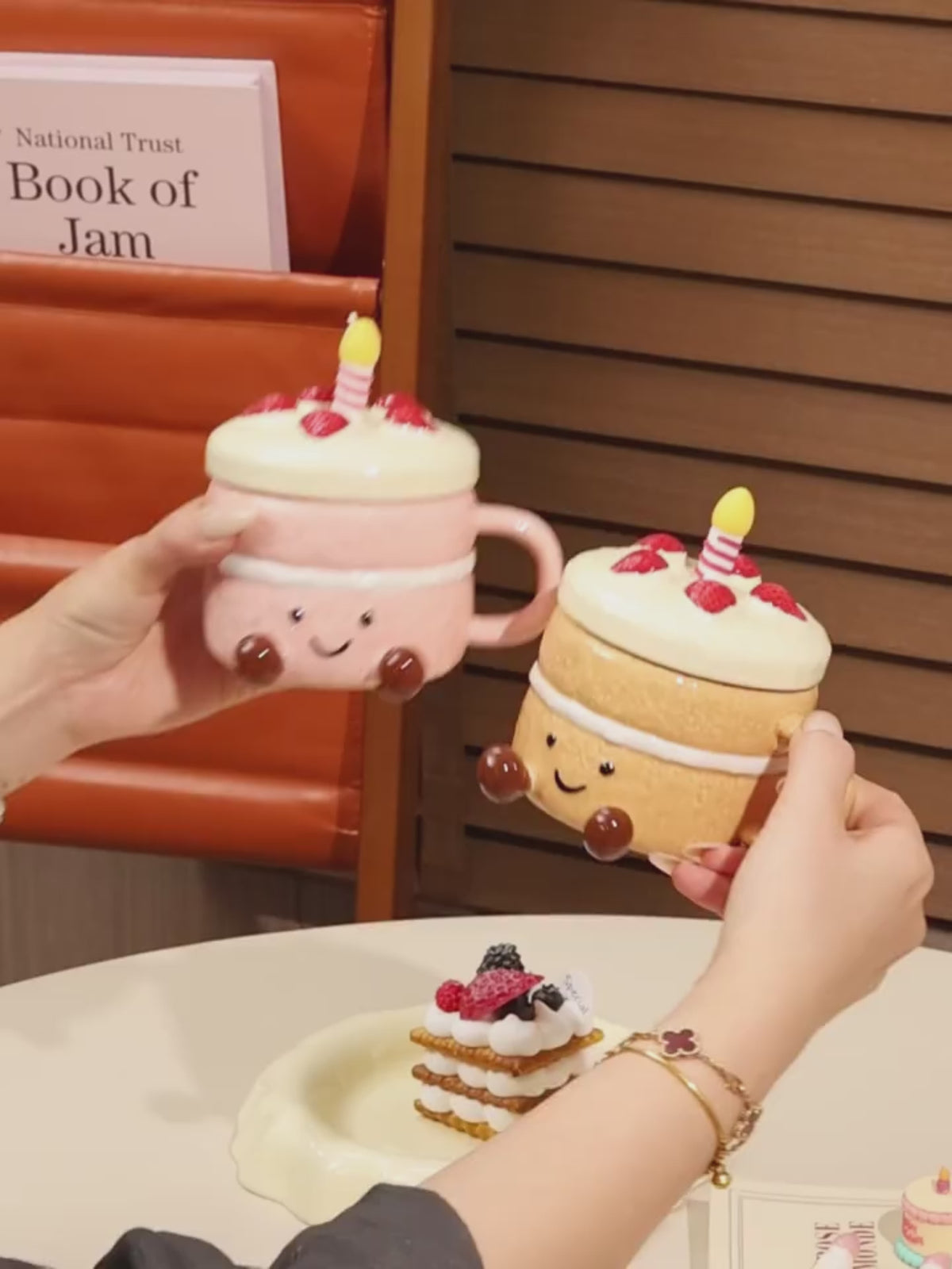 Strawberry Cake Ceramic Mug with Lid & Spoon | 3D Feet Coffee Cup (14oz)