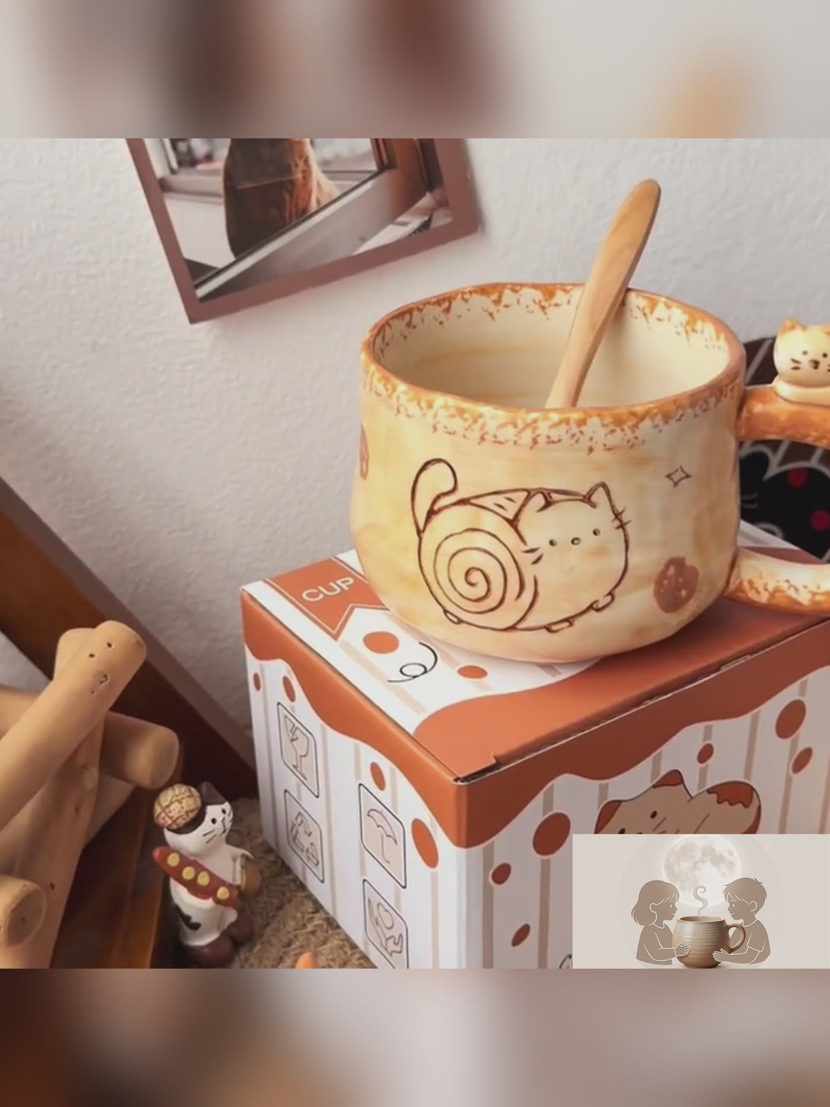Chubby Cat Ceramic Mug with 3D Figurine Handle & Wood Spoon | 14oz